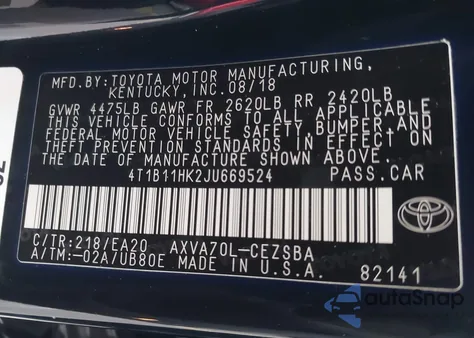 2018 Toyota Camry Se z USA, uszkodzony, nr VIN 4T1B11HK2JU669524
